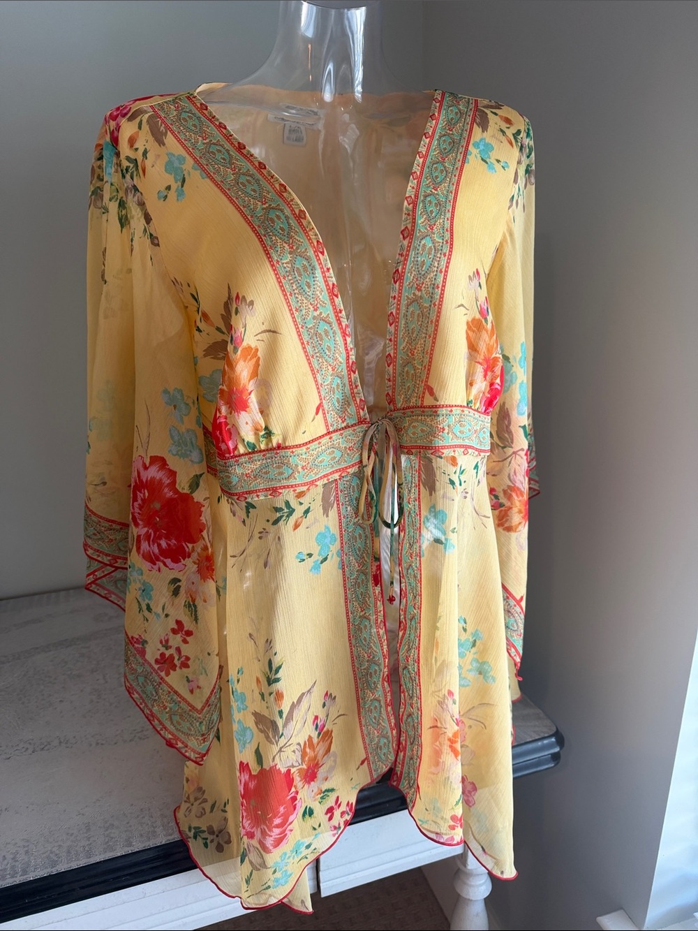 Yellow Floral Tie-Front Chiffon Robe L/XL